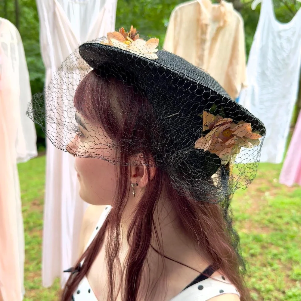 40s black straw cartwheel tilt hat w/ lavender & orange fabric daisies & veil